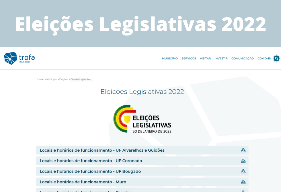 SITE DA CÂMARA MUNICIPAL DA TROFA COM ESPAÇO DEDICADO ÀS ELEIÇÕES LEGISLATIVAS DE 30 DE JANEIRO