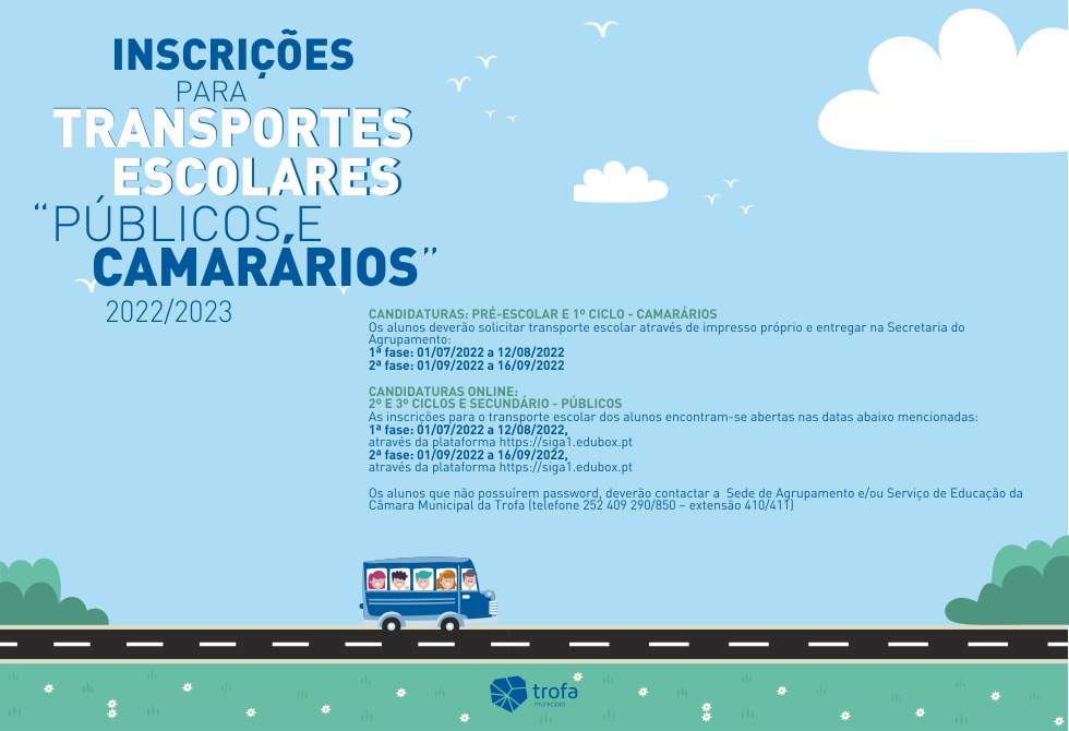 CANDIDATURAS PARA TRANSPORTE ESCOLAR PARA O ANO LETIVO 2022/2023 ABREM A 1 DE JULHO
